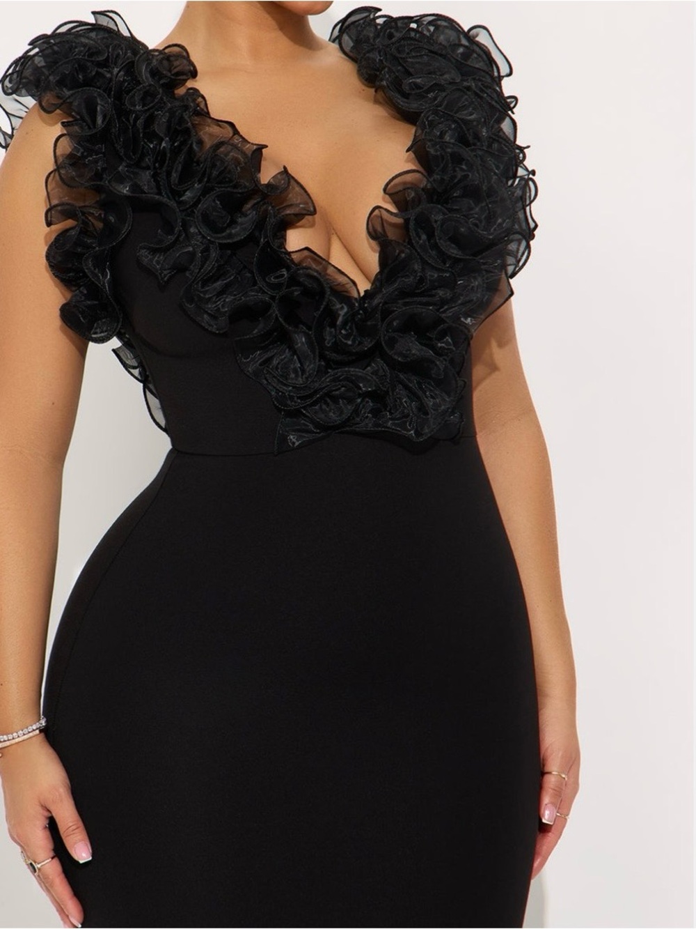 Fashion Nova Black Ruffled V-Neck Maxi Gown - Picture 2 of 4